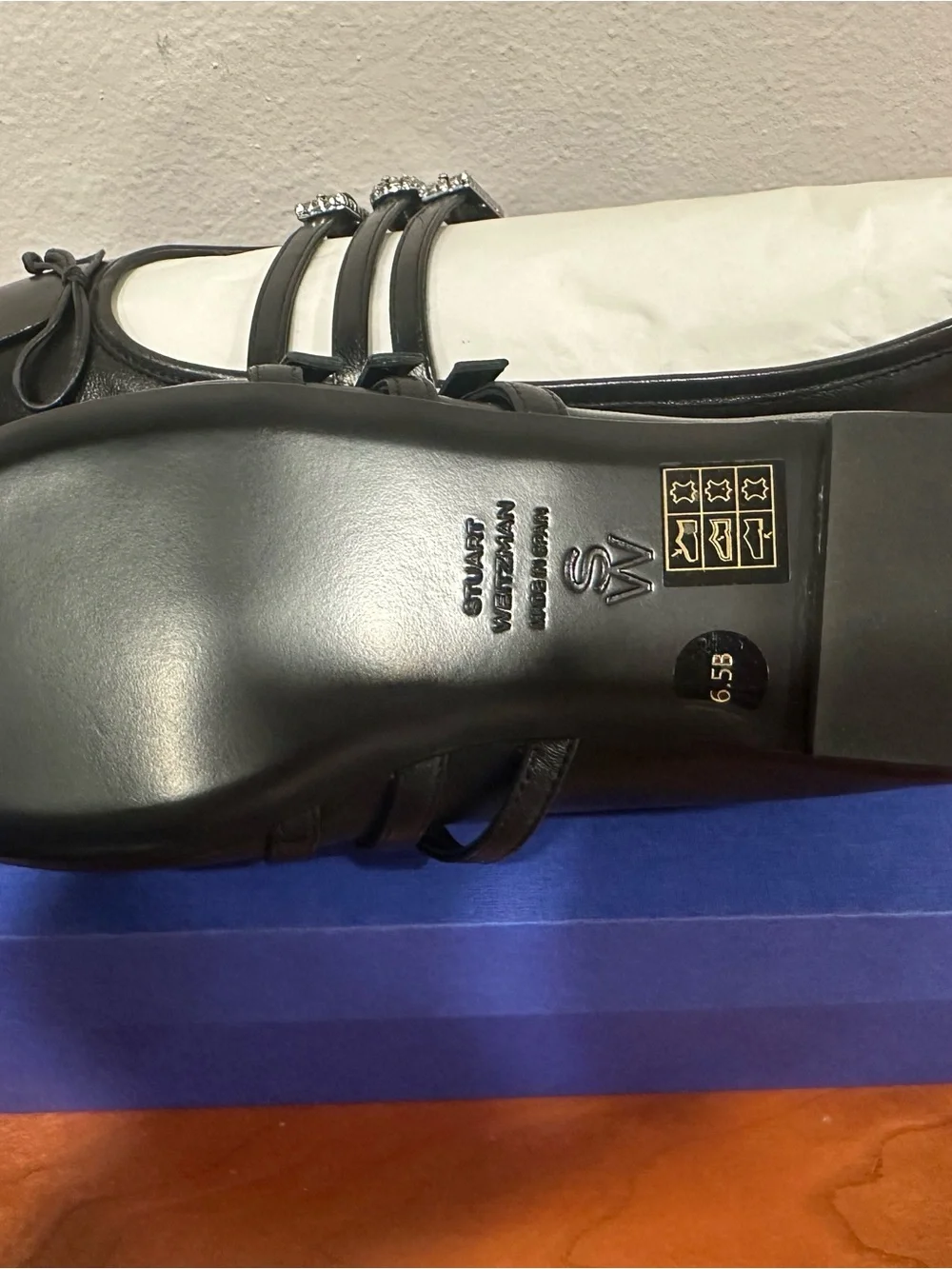 Stuart Weitzman Black Triple-Strap Ballet Flats with Rhinestone Buckles